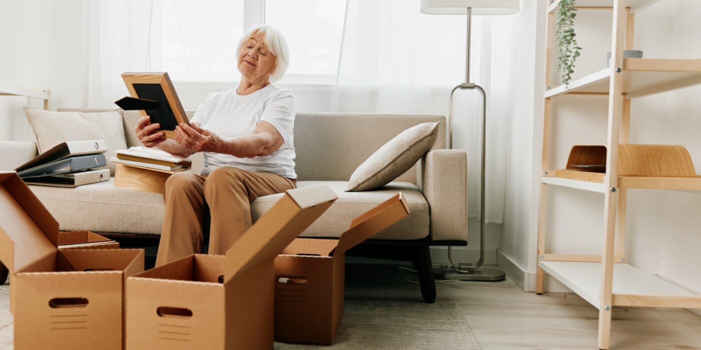 A senior packs boxes with photos, preparing for their move to Memory Care.