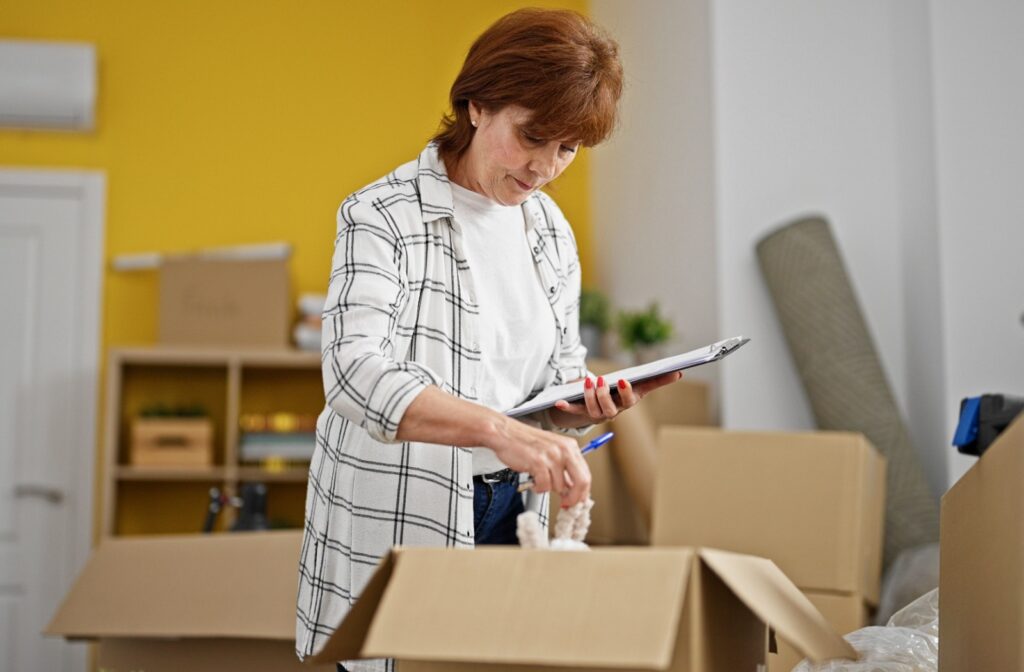 Older adult writing notes on a moving checklist while packing boxes in preparation for an assisted living move