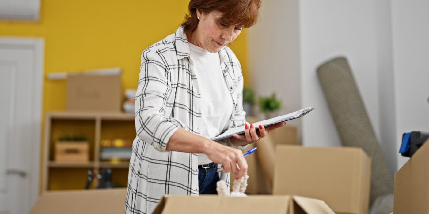 Older adult writing notes on a moving checklist while packing boxes in preparation for an assisted living move