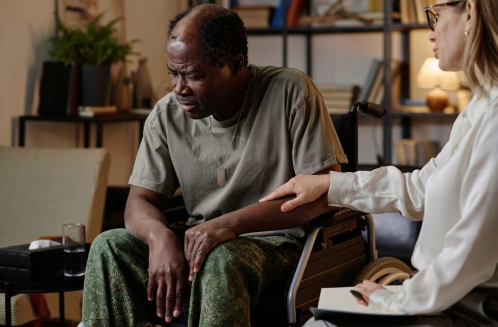 A senior veteran gets support from a therapist to deal with hallucinations resulting from PTSD