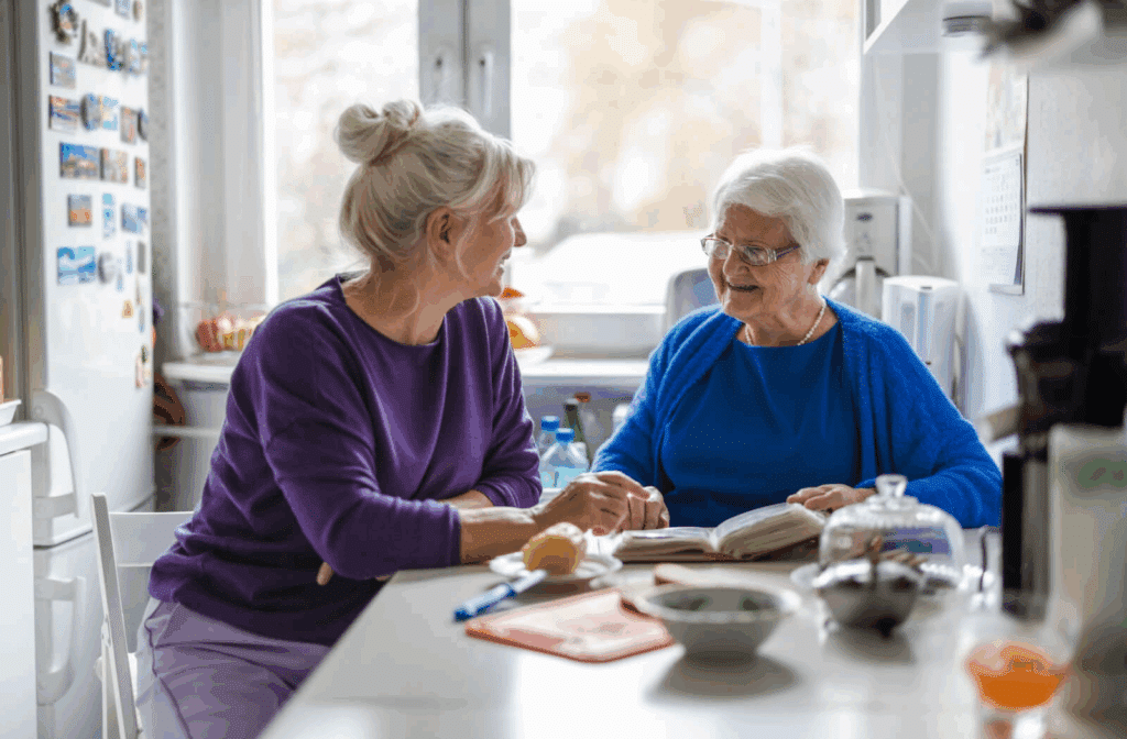 An adult visits their older parent in memory care and laughs in the kitchen while they flip through a photo album together