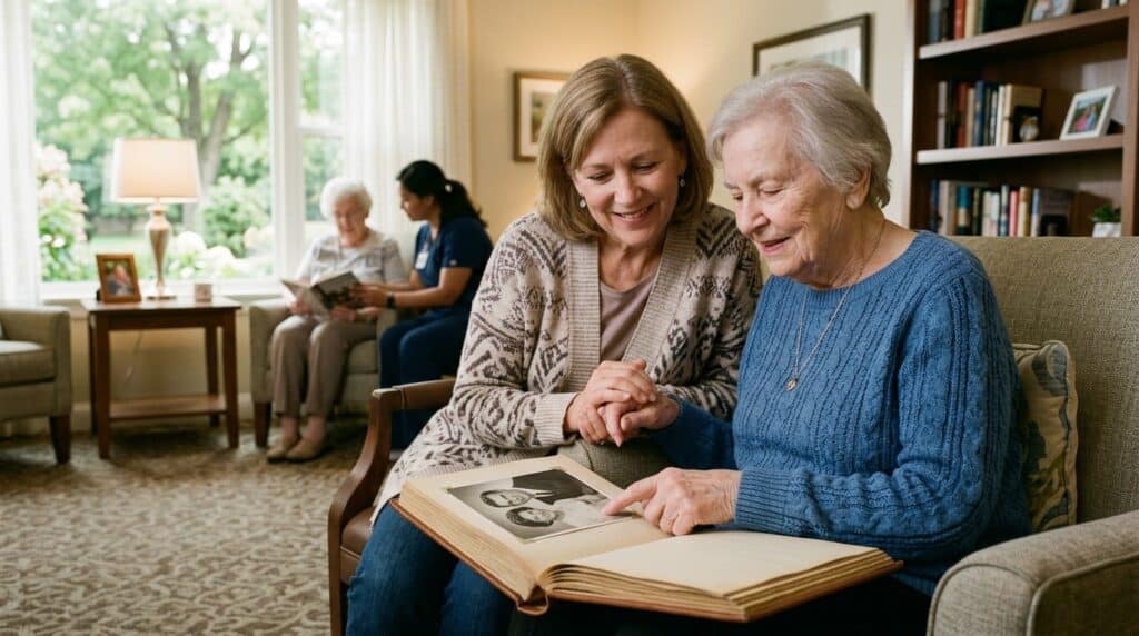 An adult and an older person sitting together in memory care, looking through old photos and holding hands in a warm, peaceful moment.