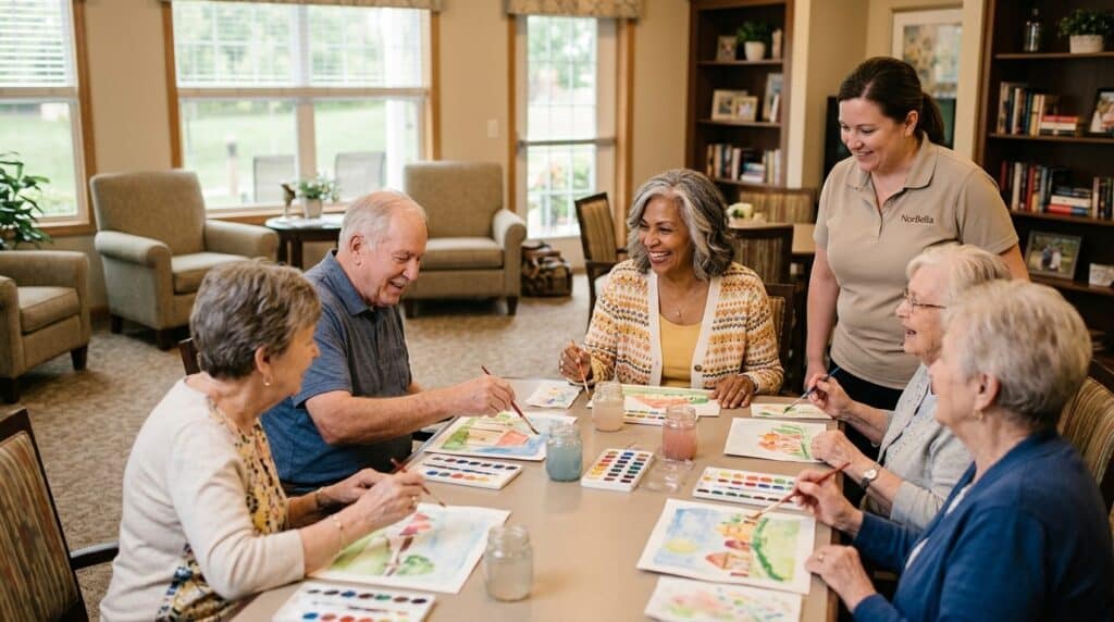 Seniors laughing and sharing a meal together in a bright, welcoming assisted living dining room in Minnesota.