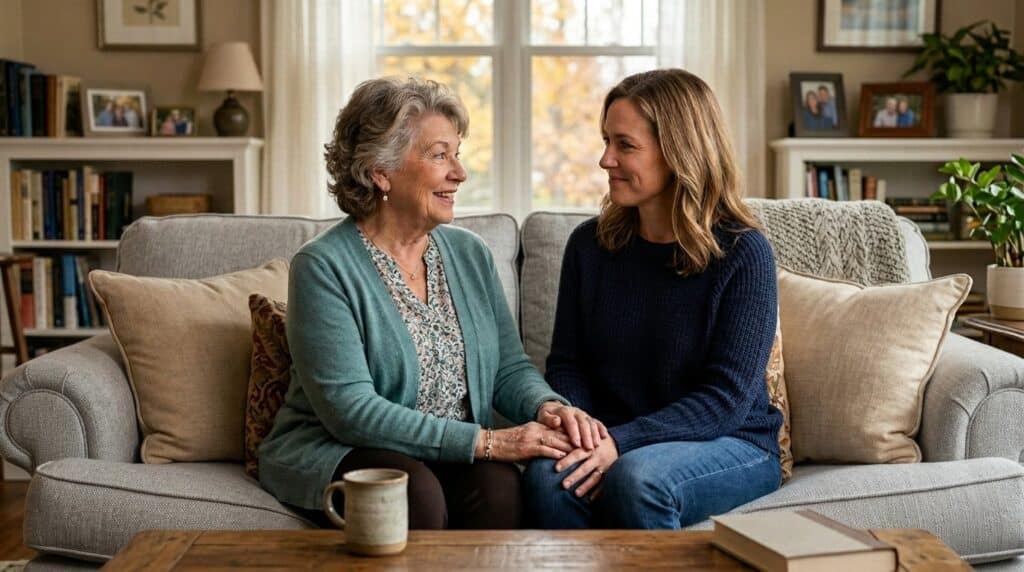 A caring adult supporting an older loved one through memory care stages at a senior living community in Minnesota.