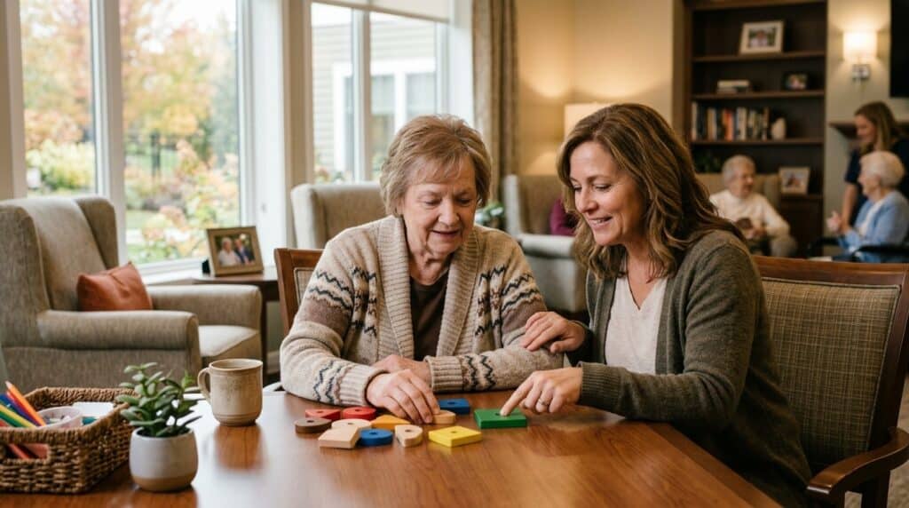 A caring adult sitting with an older person in a calm, familiar home setting, offering gentle companionship and support.