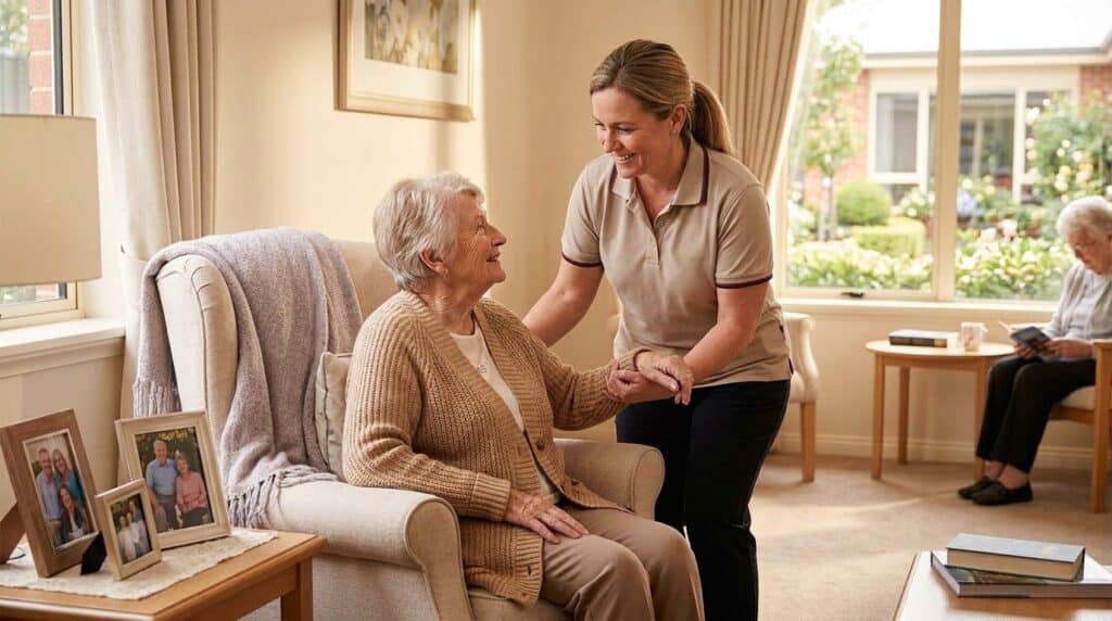 Older adult resting peacefully in a cozy memory care bedroom, supported by attentive senior living staff nearby.