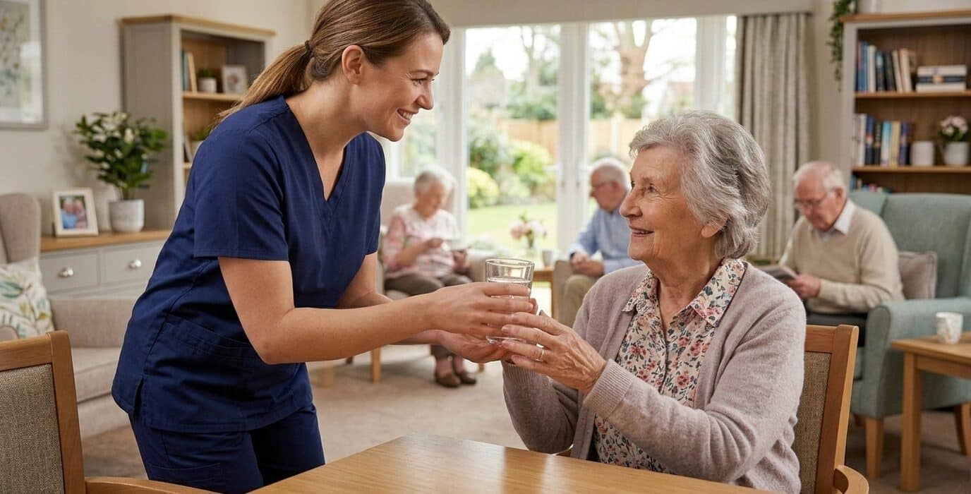 Two adults reviewing senior living options together, highlighting the differences between personal care homes and assisted living communities.