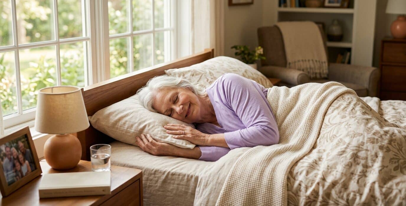 Older adult sleeping peacefully in bed, representing the 7–9 hours of nightly sleep recommended for adults 60 and older.