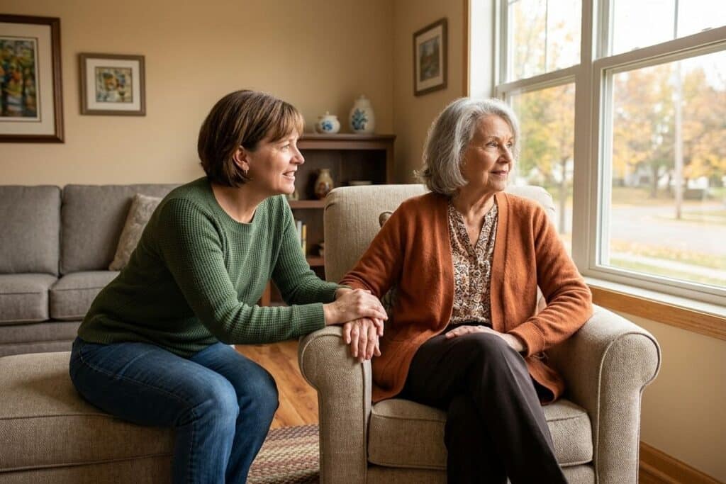 Older adult sitting thoughtfully at home, reflecting on next steps in senior living support options in Minnesota.