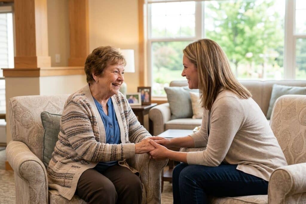 Caring staff member engaging with a memory care resident in a warm, supportive Minnesota senior living community.