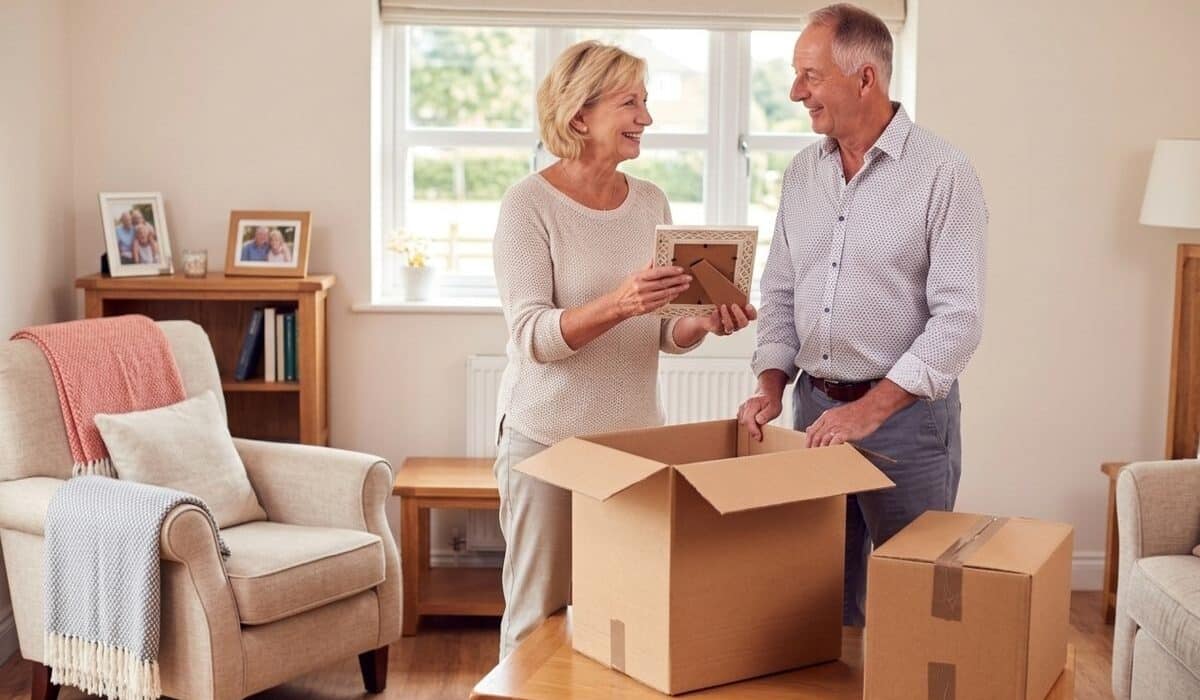 Smiling senior carefully packing belongings into boxes while downsizing their home in Minnesota.