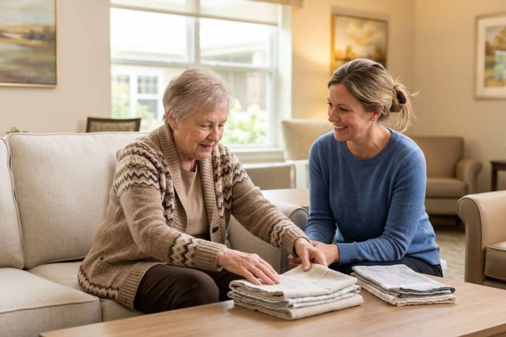 Older adult with a calm expression following a structured daily routine in a warm, comfortable memory care setting.