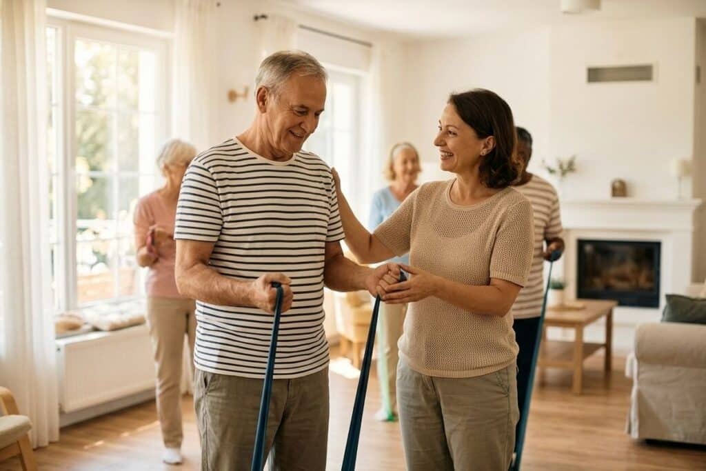 Smiling older adults relaxing comfortably in a bright senior living community, reflecting wellness and ease in daily life.