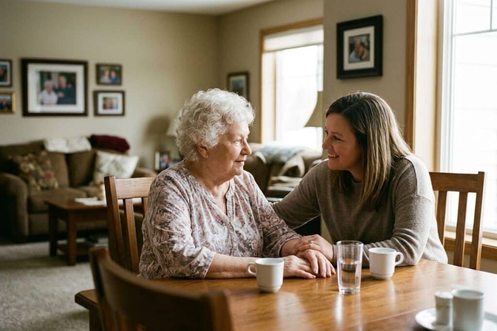 A memory care staff member gently assisting a senior resident with their daily medication routine in a calm, home-like setting.