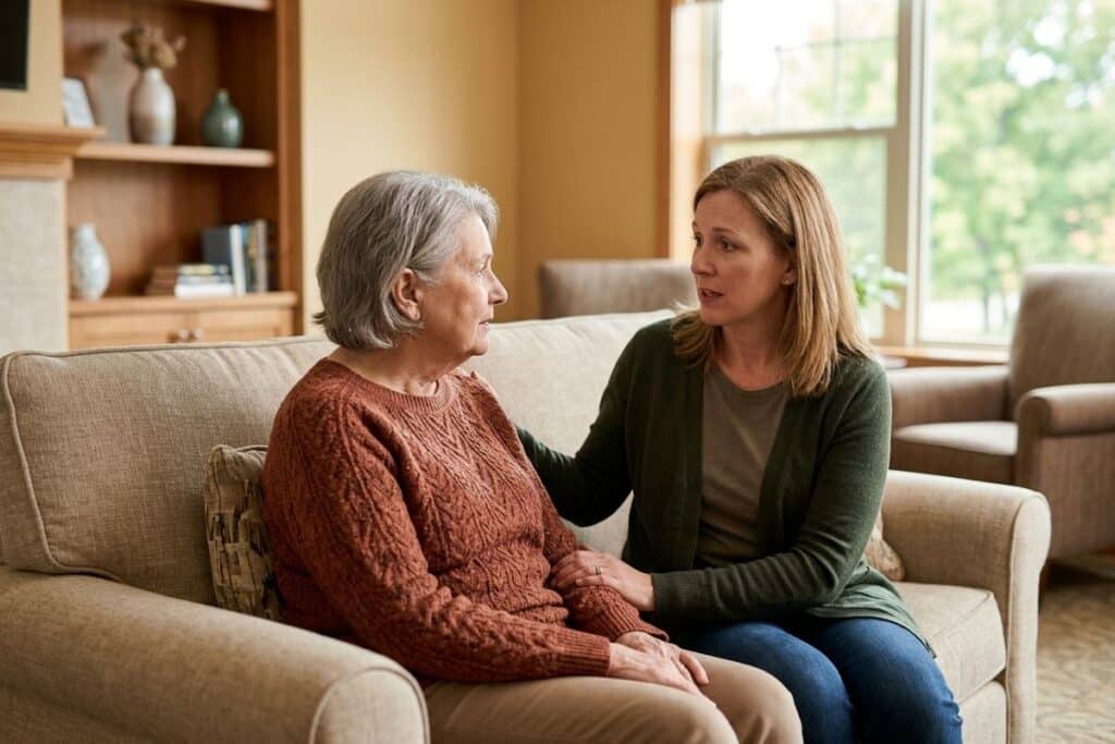 Two adults having a thoughtful conversation, representing family support when navigating Alzheimer's and dementia symptom differences.