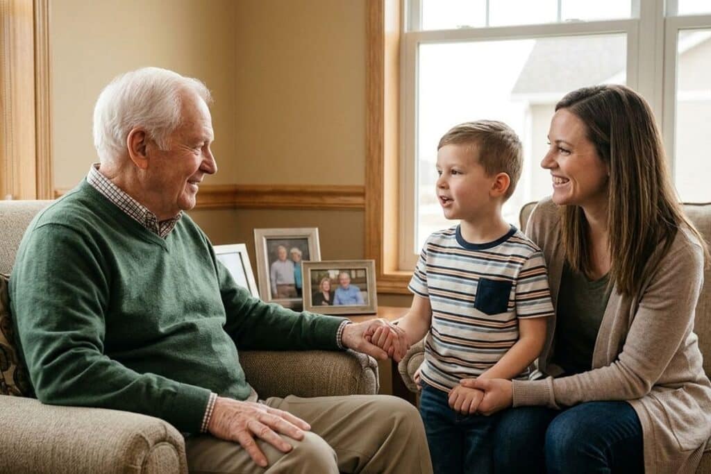 Smiling older adult in a bright, welcoming memory care community