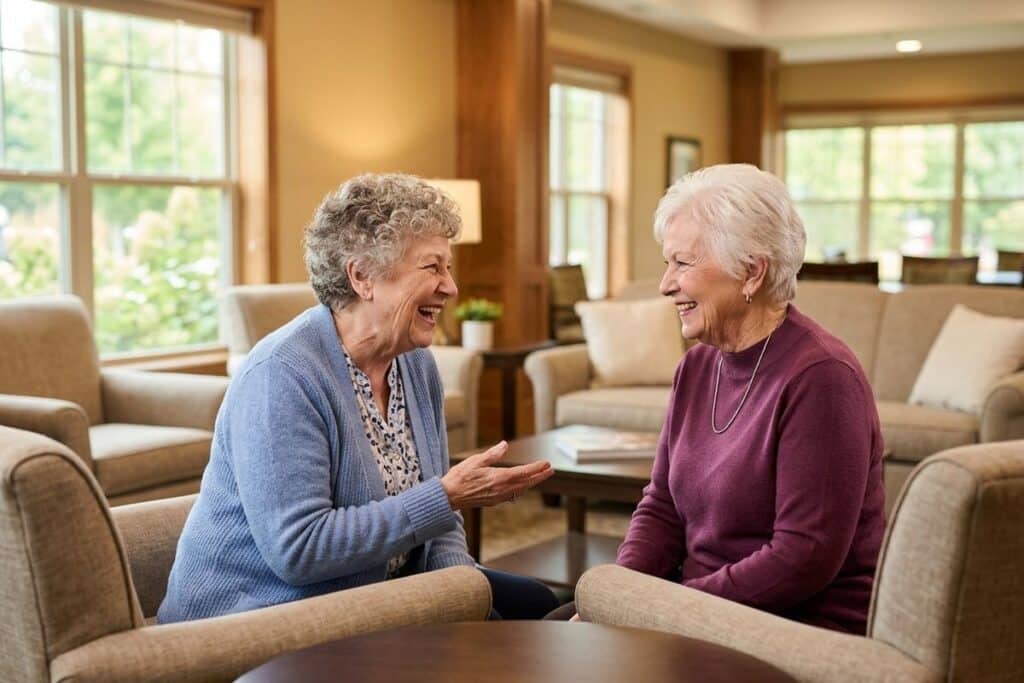 Smiling older adults socializing in a bright senior living community common area, enjoying connection and daily activities together.