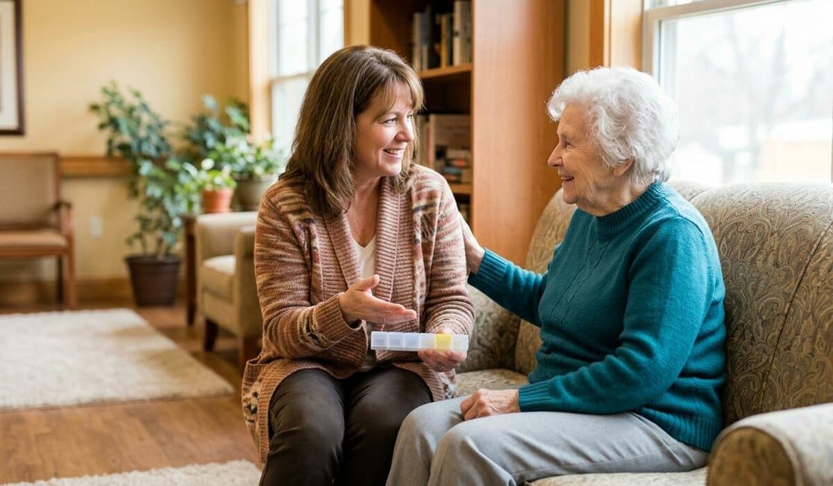 Assisted living staff member helping an older adult organize daily medications in a warm, homelike senior living community.