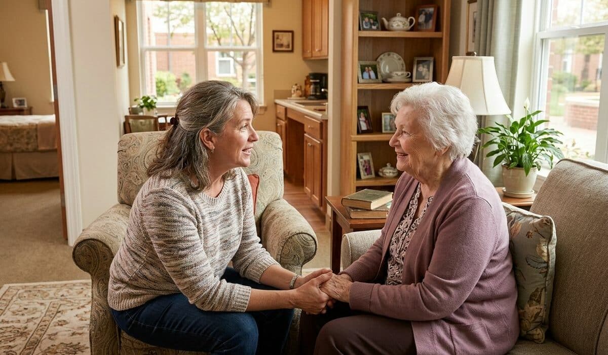 An older adult and a family member arranging personal items in a cozy assisted living room, making the new space feel like home.