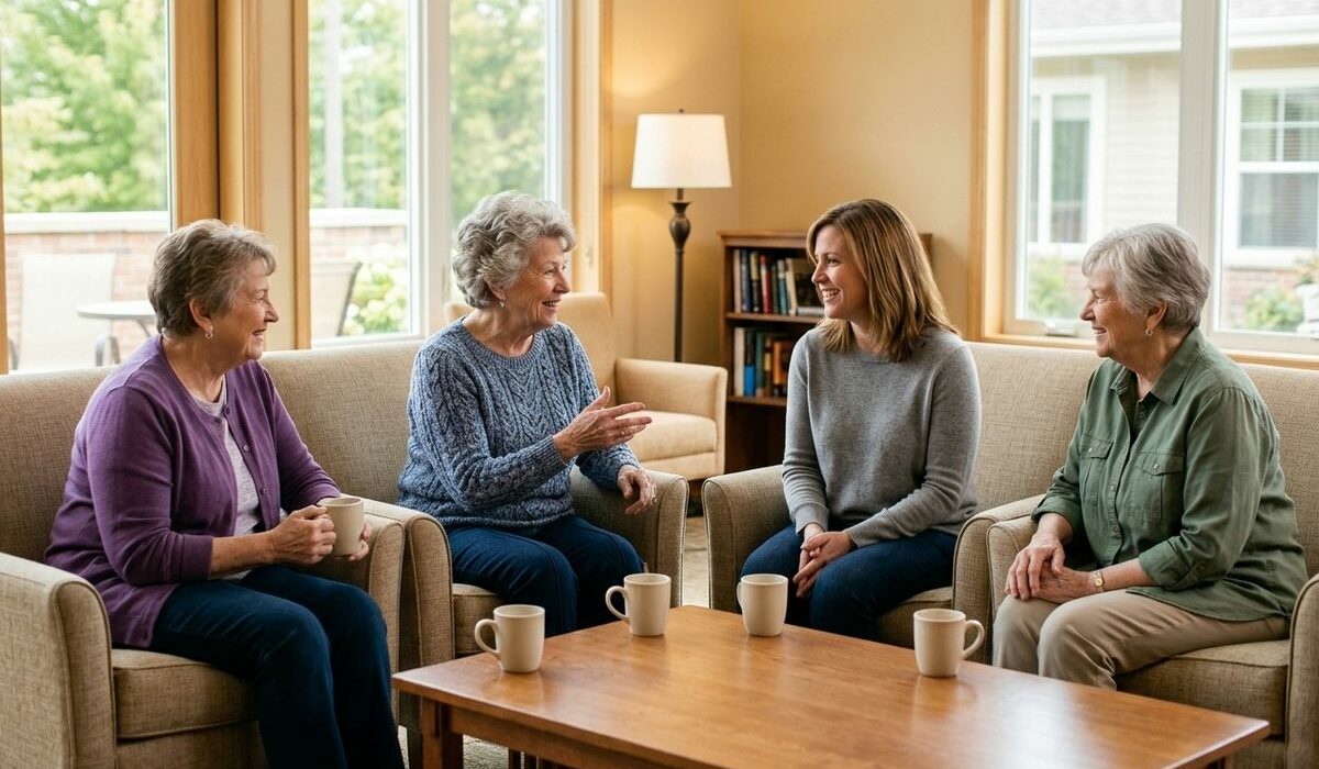 Smiling older adult in a bright assisted living community, enjoying connection and independence in a warm, supportive environment.