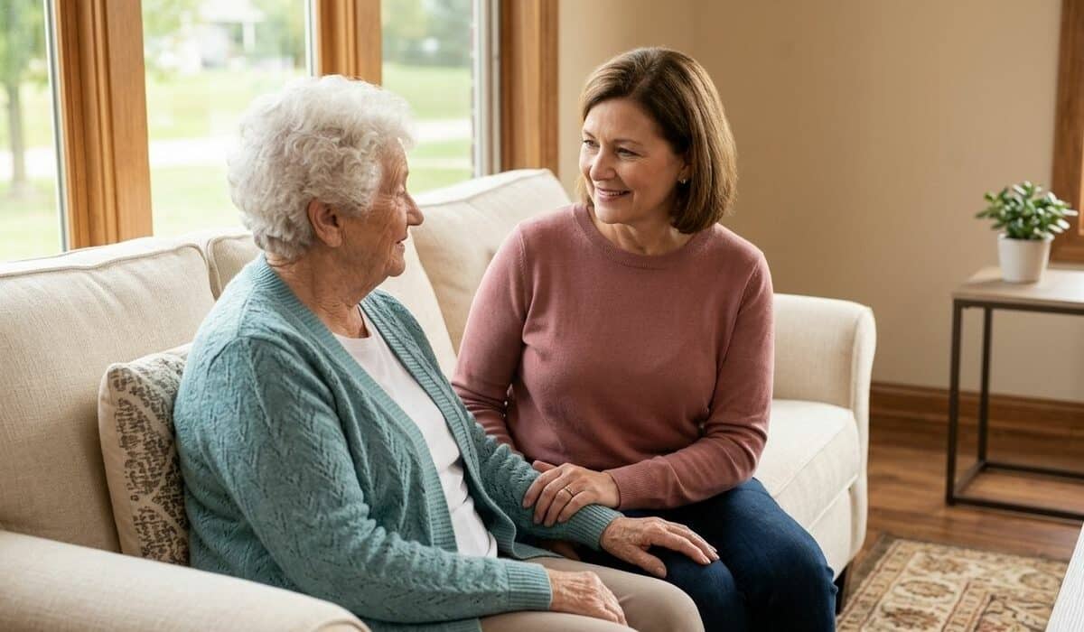 Caring adult child supporting a senior parent in a warm, structured memory care environment at a senior living community.